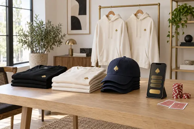 A bright merchandise studio: folded T-shirts and navy caps with a small gold spade, cream hoodies on a brass rail, a phone showing a top-up screen and a stack of poker chips.