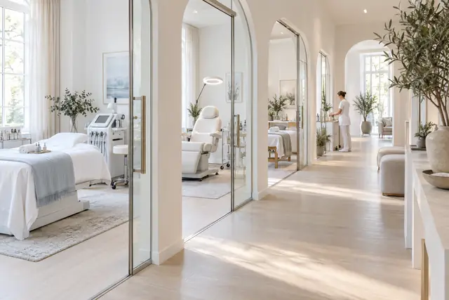 A bright shared beauty clinic: a white corridor with glass-fronted treatment rooms, each one set up by a different practitioner.