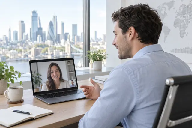 Seen over his shoulder, a currency consultant talks to a client on a video call on his laptop in a bright office.
