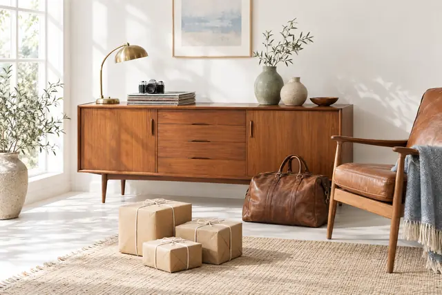 Vintage pieces from independent dealers — a teak sideboard, a leather chair and wrapped parcels ready to ship.